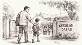 ilustrasi ayah mengambil rapor anak ke sekolah